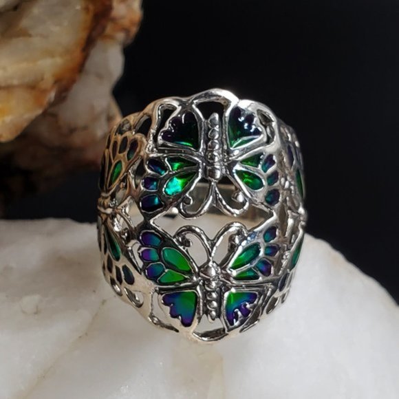 Sterling Silver 925 Enameled Butterfly Ring Unique Artisan Silversmith